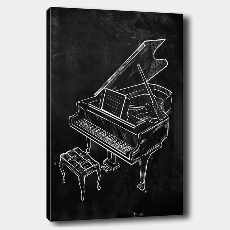 Canvas taulu 70x100 cm - Tyylitelty piirros pianosta ja penkistä, Valkoinen / Musta