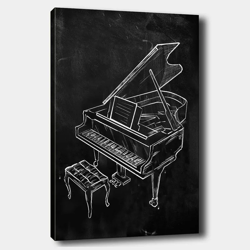 Canvas taulu 70x100 cm - Tyylitelty piirros pianosta ja penkistä, Valkoinen / Musta