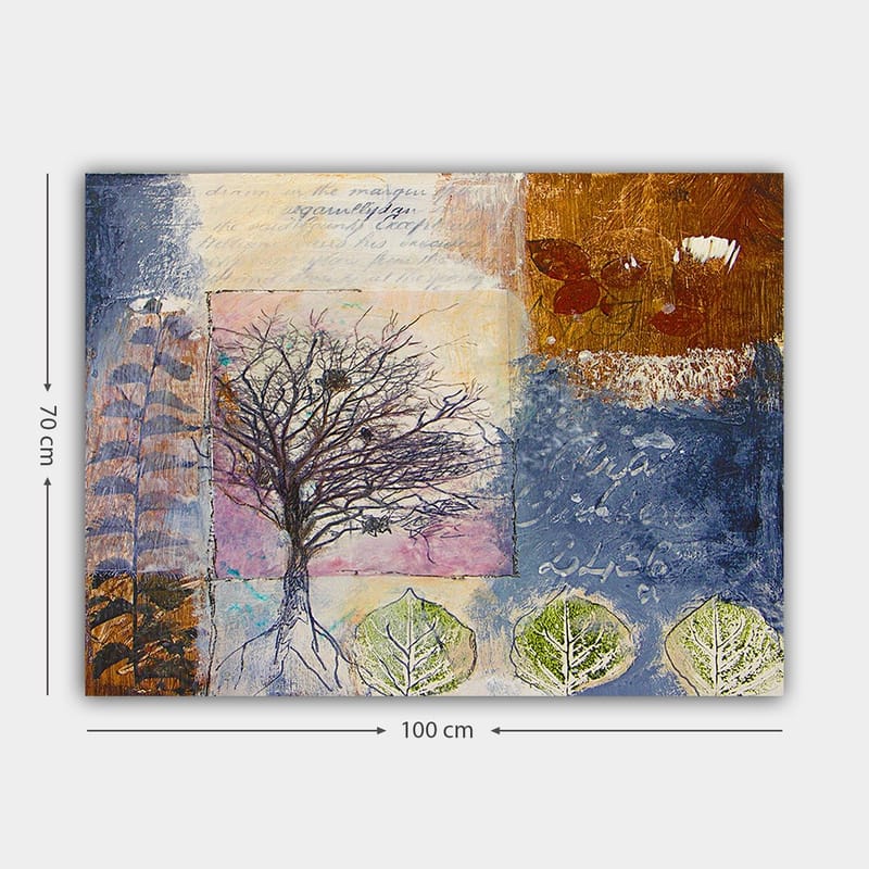 Canvas taulu 70x100 cm - Tyylitelty puuveistos, jonka juuret ja lehdet muodostavat värikkään sommitelman - Tummansininen / Ruskea / Vihreä - Sisustustuotteet - Taulu & taide - Canvas-taulu