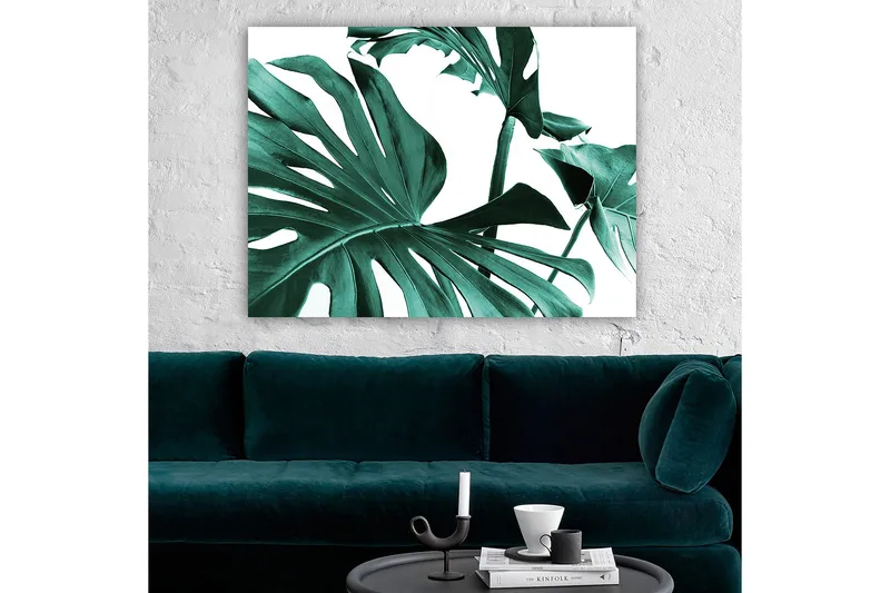 Canvas taulu 70x100 cm - Tyyliteltyjä vihreitä palmunlehtiä valkoista taustaa vasten - Tummanvihreä / Turkoosi - Sisustustuotteet - Taulu & taide - Canvas-taulu