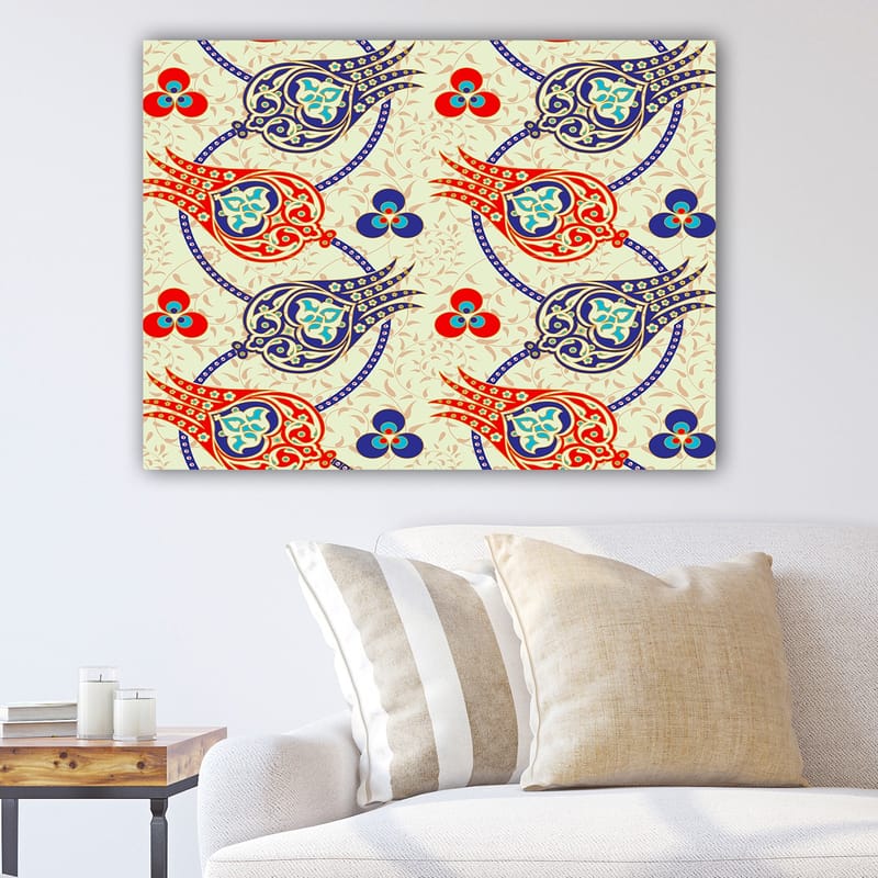 Canvas taulu 70x100 cm - Tyyliteltyjen kukkien ja lehtien kuvio kirkkaissa väreissä - Punainen / Sininen / Beige - Sisustustuotteet - Taulu & taide - Canvas-taulu