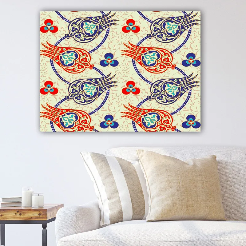 Canvas taulu 70x100 cm - Tyyliteltyjen kukkien ja lehtien kuvio kirkkaissa väreissä, Punainen / Sininen / Beige