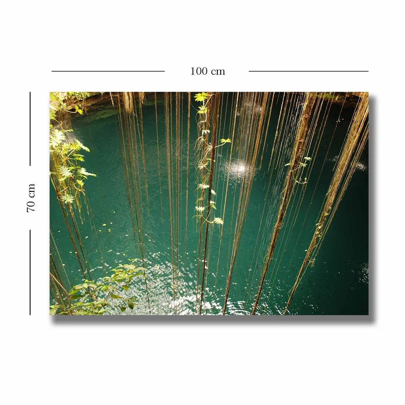 Canvas taulu 70x100 cm - Tyyni vesipinta, jota ympäröi roikkuva kasvillisuus ja luonnonelementit - Turkoosi / Vihreä / Ruskea - Sisustustuotteet - Taulu & taide - Canvas-taulu