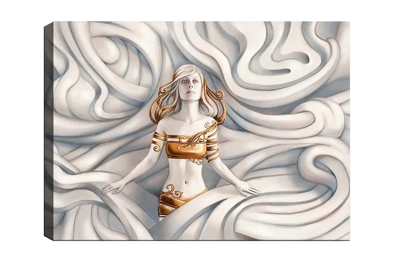 Canvas taulu 70x100 cm - Unelmoiva nainen huojuvien, pehmeiden muotojen ympäröimänä, Valkoinen / Kulta / Beige