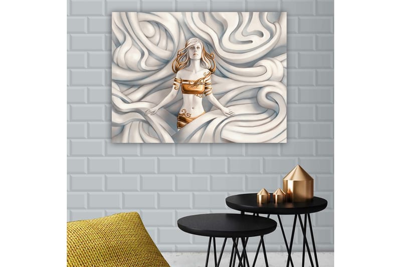 Canvas taulu 70x100 cm - Unelmoiva nainen huojuvien, pehmeiden muotojen ympäröimänä - Valkoinen / Kulta / Beige - Sisustustuotteet - Taulu & taide - Canvas-taulu