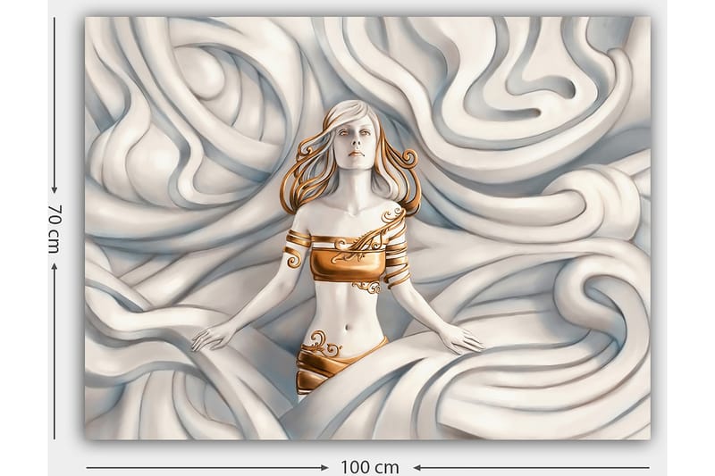 Canvas taulu 70x100 cm - Unelmoiva nainen huojuvien, pehmeiden muotojen ympäröimänä - Valkoinen / Kulta / Beige - Sisustustuotteet - Taulu & taide - Canvas-taulu