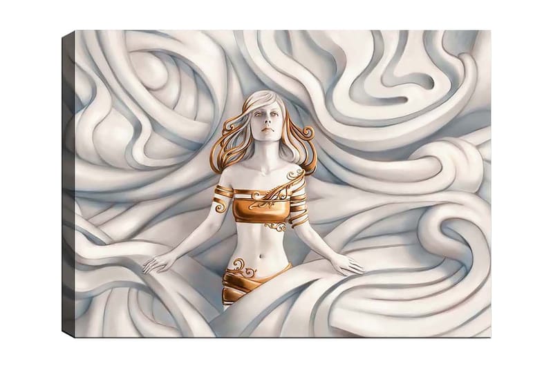 Canvas taulu 70x100 cm - Unelmoiva nainen huojuvien, pehmeiden muotojen ympäröimänä, Valkoinen / Kulta / Beige