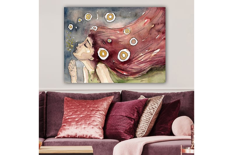 Canvas taulu 70x100 cm - Unelmoiva nainen pitkine, punertavine hiuksineen liehuu tuulessa, valkoisten ja keltaisten ympyröiden ympäröimänä - Punainen / Valkoinen / Keltainen - Sisustustuotteet - Taulu & taide - Canvas-taulu