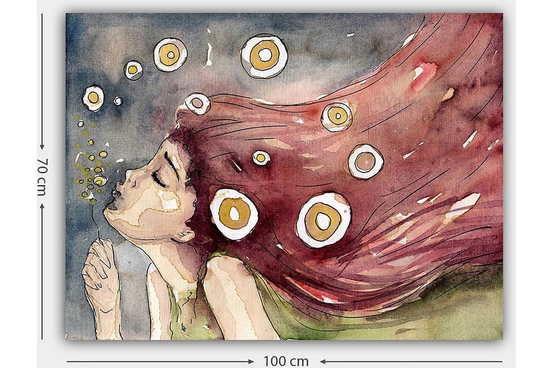 Canvas taulu 70x100 cm - Unelmoiva nainen pitkine, punertavine hiuksineen liehuu tuulessa, valkoisten ja keltaisten ympyröiden ympäröimänä - Punainen / Valkoinen / Keltainen - Sisustustuotteet - Taulu & taide - Canvas-taulu