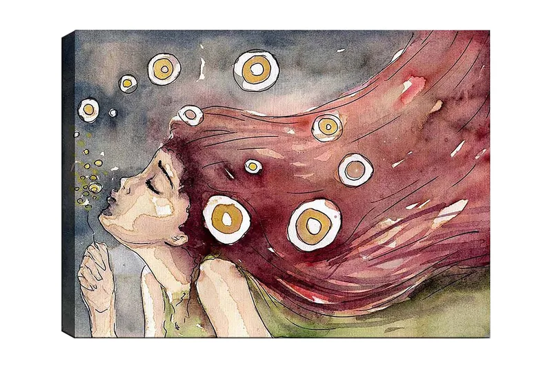 Canvas taulu 70x100 cm - Unelmoiva nainen pitkine, punertavine hiuksineen liehuu tuulessa, valkoisten ja keltaisten ympyröiden ympäröimänä, Punainen / Valkoinen / Keltainen