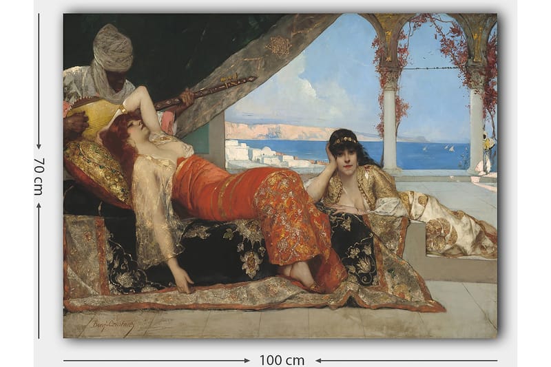 Canvas taulu 70x100 cm - Unenomainen näkymä, jossa kaksi itämaisiin vaatteisiin pukeutunutta naista lepää ylellisessä ympäristössä miehen soittaessa jousisoitinta - Punainen / Musta / Beige - Sisustustuotteet - Taulu & taide - Canvas-taulu