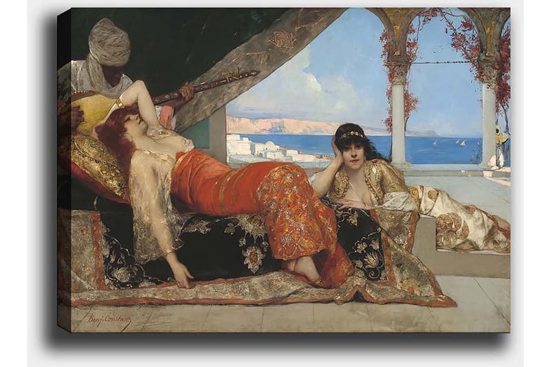 Canvas taulu 70x100 cm - Unenomainen näkymä, jossa kaksi itämaisiin vaatteisiin pukeutunutta naista lepää ylellisessä ympäristössä miehen soittaessa jousisoitinta - Punainen / Musta / Beige - Sisustustuotteet - Taulu & taide - Canvas-taulu