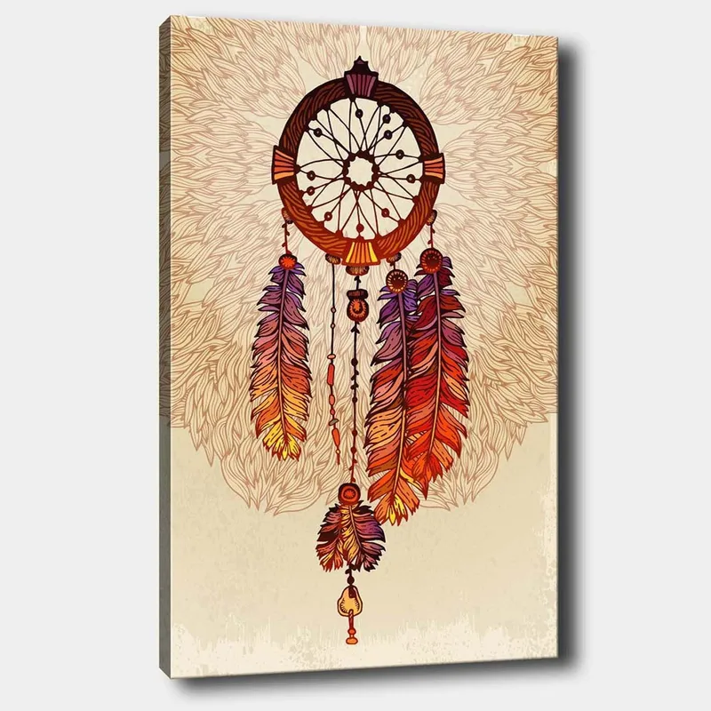 Canvas taulu 70x100 cm - Unisieppari värikkäillä höyhenillä alaspäin roikkuen - Oranssi / Violetti / Ruskea - Sisustustuotteet - Taulu & taide - Canvas-taulu