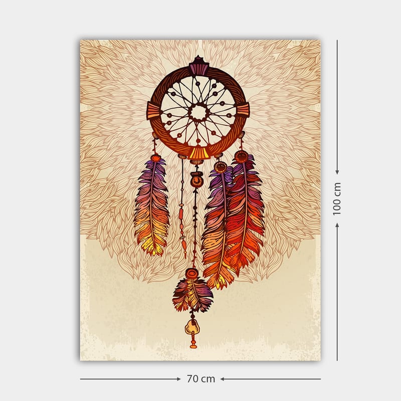 Canvas taulu 70x100 cm - Unisieppari värikkäillä höyhenillä alaspäin roikkuen - Oranssi / Violetti / Ruskea - Sisustustuotteet - Taulu & taide - Canvas-taulu