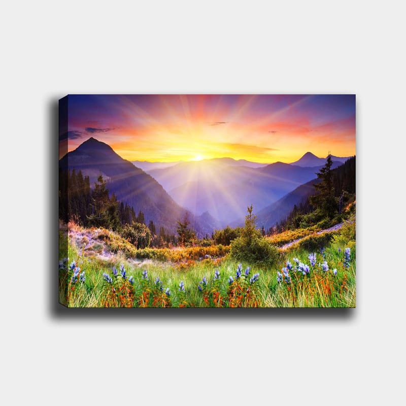 Canvas taulu 70x100 cm - Upea auringonnousu vuorten ja rehevien niittyjen yllä, Kulta / Violetti / Vihreä