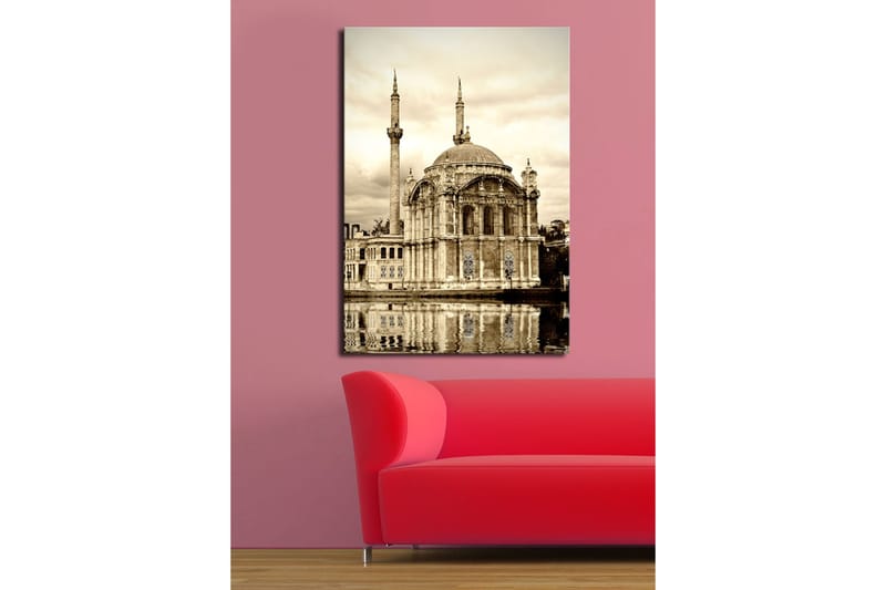 Canvas taulu 70x100 cm - Upea moskeija, jonka kupoli ja minareetit heijastuvat veteen, Beige / Ruskea / Musta