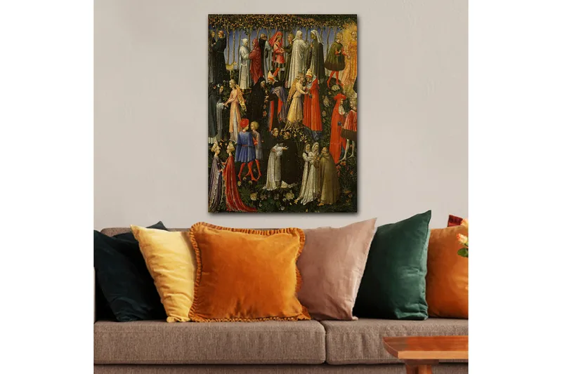 Canvas taulu 70x100 cm - Useiden keskiaikaisiin vaatteisiin pukeutuneiden ihmisten vuorovaikutus puutarhaympäristössä - Punainen / Valkoinen / Musta - Sisustustuotteet - Taulu & taide - Canvas-taulu