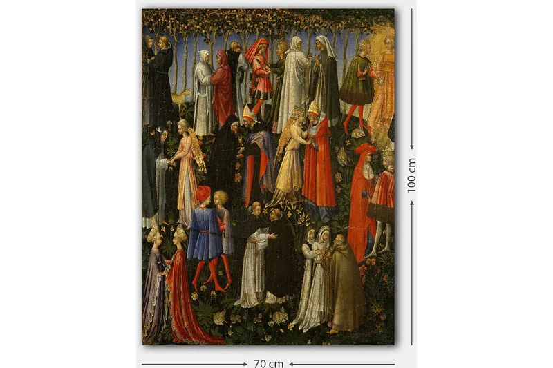 Canvas taulu 70x100 cm - Useiden keskiaikaisiin vaatteisiin pukeutuneiden ihmisten vuorovaikutus puutarhaympäristössä - Punainen / Valkoinen / Musta - Sisustustuotteet - Taulu & taide - Canvas-taulu