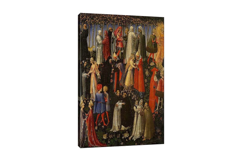 Canvas taulu 70x100 cm - Useiden keskiaikaisiin vaatteisiin pukeutuneiden ihmisten vuorovaikutus puutarhaympäristössä, Punainen / Valkoinen / Musta