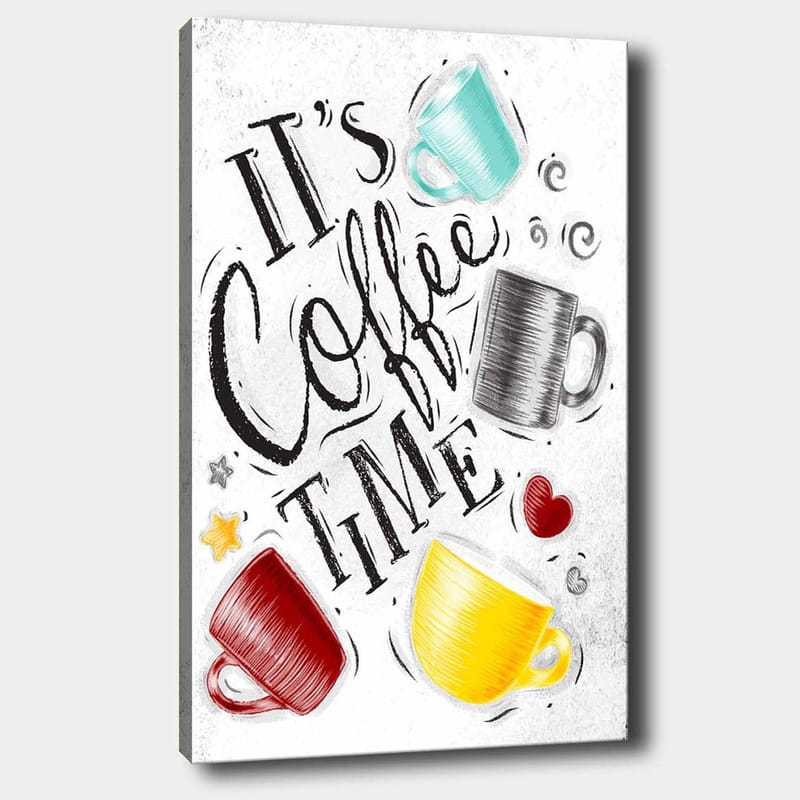 Canvas taulu 70x100 cm - Useita värikkäitä kahvikuppeja tekstillä It's Coffee Time, Turkoosi / Punainen / Keltainen
