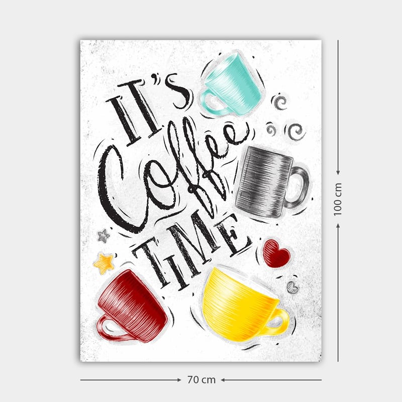 Canvas taulu 70x100 cm - Useita värikkäitä kahvikuppeja tekstillä It's Coffee Time - Turkoosi / Punainen / Keltainen - Sisustustuotteet - Taulu & taide - Canvas-taulu