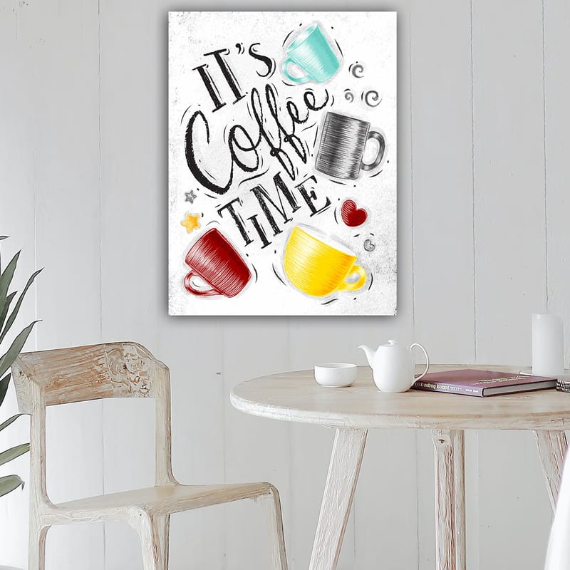 Canvas taulu 70x100 cm - Useita värikkäitä kahvikuppeja tekstillä It's Coffee Time - Turkoosi / Punainen / Keltainen - Sisustustuotteet - Taulu & taide - Canvas-taulu