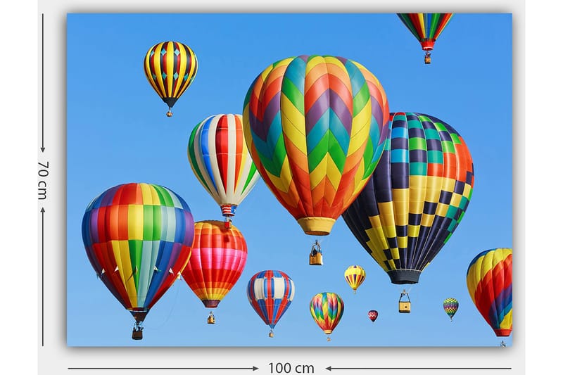 Canvas taulu 70x100 cm - Useita värikkäitä kuumailmapalloja leijumassa kirkkaalla sinisellä taivaalla - Punainen / Vihreä / Keltainen - Sisustustuotteet - Taulu & taide - Canvas-taulu