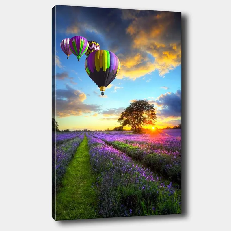 Canvas taulu 70x100 cm - Useita värikkäitä kuumailmapalloja leijuu laventelipellon yllä auringonlaskun valossa, Violetti / Vihreä / Musta