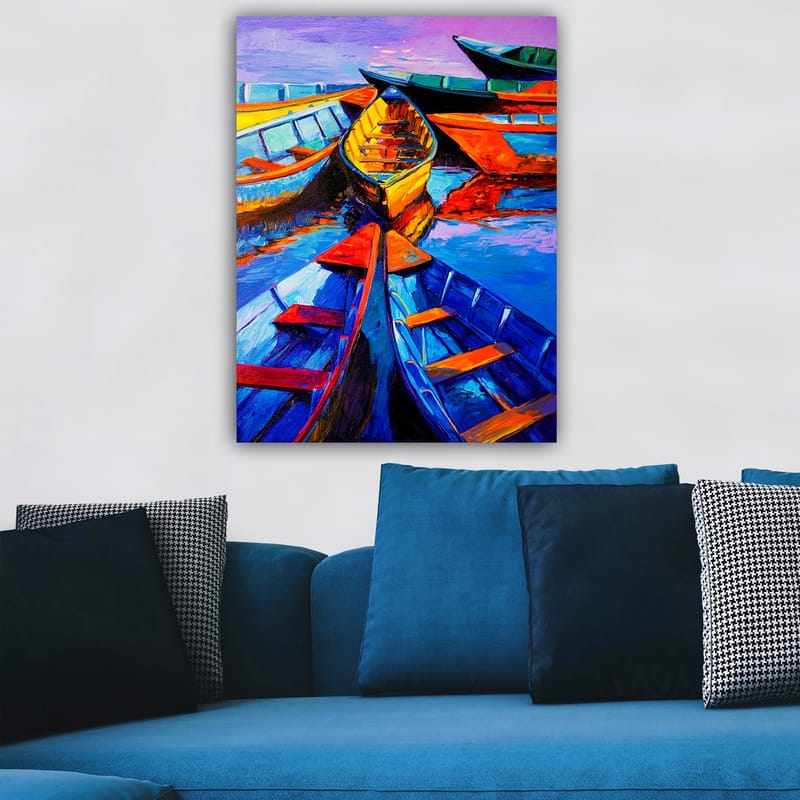 Canvas taulu 70x100 cm - Useita värikkäitä veneitä ryhmässä veden pinnalla - Sininen / Oranssi / Keltainen - Sisustustuotteet - Taulu & taide - Canvas-taulu
