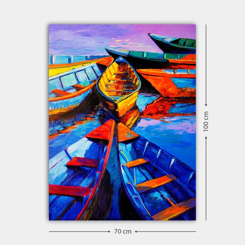 Canvas taulu 70x100 cm - Useita värikkäitä veneitä ryhmässä veden pinnalla - Sininen / Oranssi / Keltainen - Sisustustuotteet - Taulu & taide - Canvas-taulu