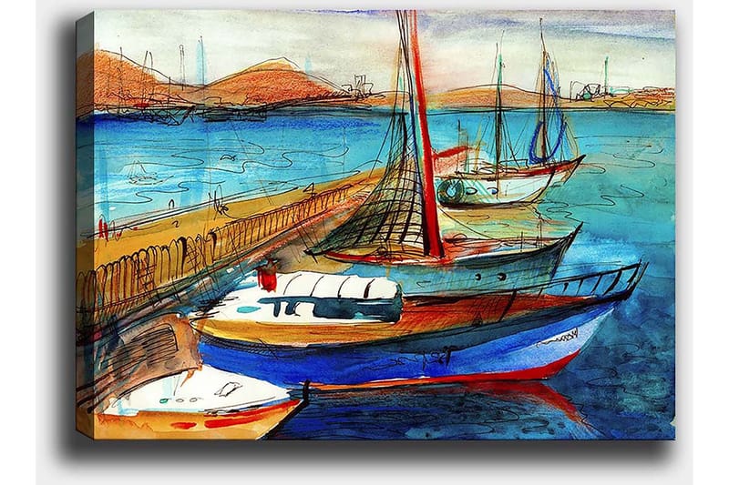 Canvas taulu 70x100 cm - Useita värikkäitä veneitä satamassa kauniilla merinäköalalla - Sininen / Punainen / Beige - Sisustustuotteet - Taulu & taide - Canvas-taulu