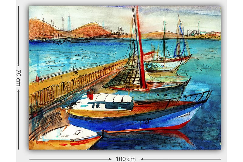 Canvas taulu 70x100 cm - Useita värikkäitä veneitä satamassa kauniilla merinäköalalla - Sininen / Punainen / Beige - Sisustustuotteet - Taulu & taide - Canvas-taulu