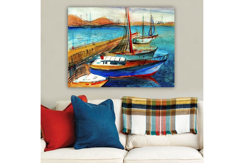 Canvas taulu 70x100 cm - Useita värikkäitä veneitä satamassa kauniilla merinäköalalla, Sininen / Punainen / Beige