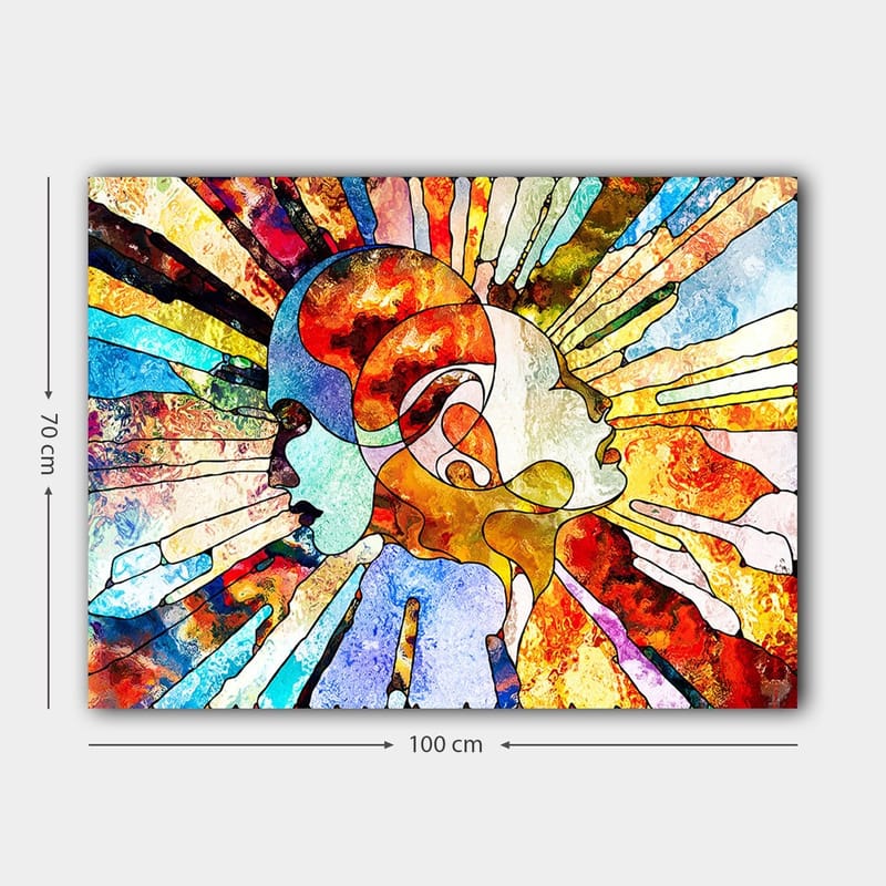 Canvas taulu 70x100 cm - Värikäs abstrakti kuva kahdesta kasvosta, jotka symboloivat yhdessäoloa ja kommunikaatiota - Punainen / Sininen / Oranssi - Sisustustuotteet - Taulu & taide - Canvas-taulu