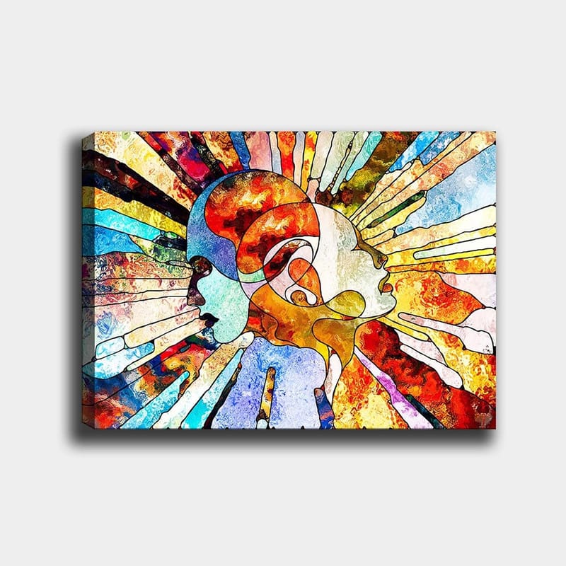 Canvas taulu 70x100 cm - Värikäs abstrakti kuva kahdesta kasvosta, jotka symboloivat yhdessäoloa ja kommunikaatiota - Punainen / Sininen / Oranssi - Sisustustuotteet - Taulu & taide - Canvas-taulu