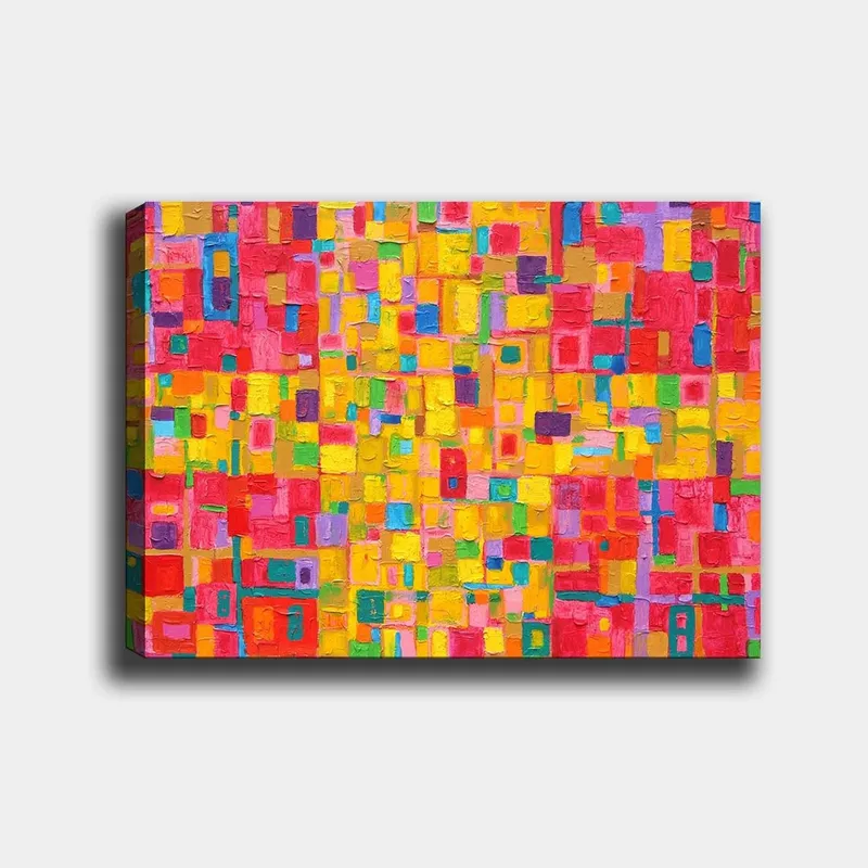 Canvas taulu 70x100 cm - Värikäs abstrakti kuvio neliönmuotoineen, joka luo eloisan ja energisen tunnelman, Punainen / Keltainen / Vihreä