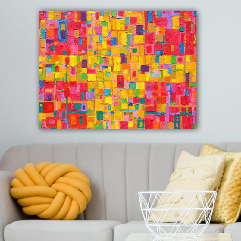 Canvas taulu 70x100 cm - Värikäs abstrakti kuvio neliönmuotoineen, joka luo eloisan ja energisen tunnelman - Punainen / Keltainen / Vihreä - Sisustustuotteet - Taulu & taide - Canvas-taulu