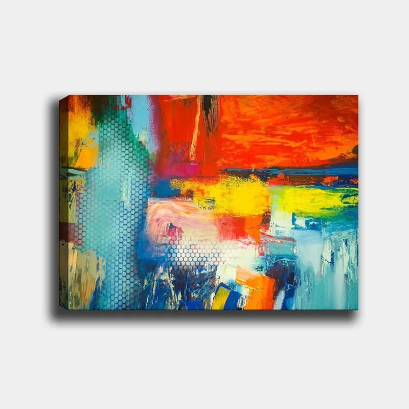 Canvas taulu 70x100 cm - Värikäs abstrakti sommitelma, jossa punaisen, sinisen ja keltaisen elementtejä luo dynaaminen tunnelma, Punainen / Sininen / Keltainen