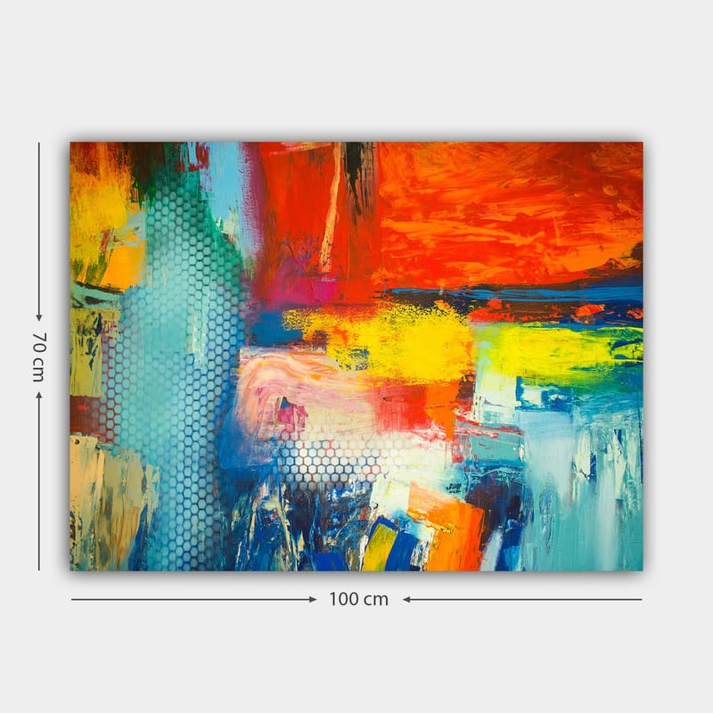 Canvas taulu 70x100 cm - Värikäs abstrakti sommitelma, jossa punaisen, sinisen ja keltaisen elementtejä luo dynaaminen tunnelma - Punainen / Sininen / Keltainen - Sisustustuotteet - Taulu & taide - Canvas-taulu
