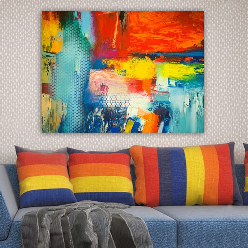 Canvas taulu 70x100 cm - Värikäs abstrakti sommitelma, jossa punaisen, sinisen ja keltaisen elementtejä luo dynaaminen tunnelma - Punainen / Sininen / Keltainen - Sisustustuotteet - Taulu & taide - Canvas-taulu