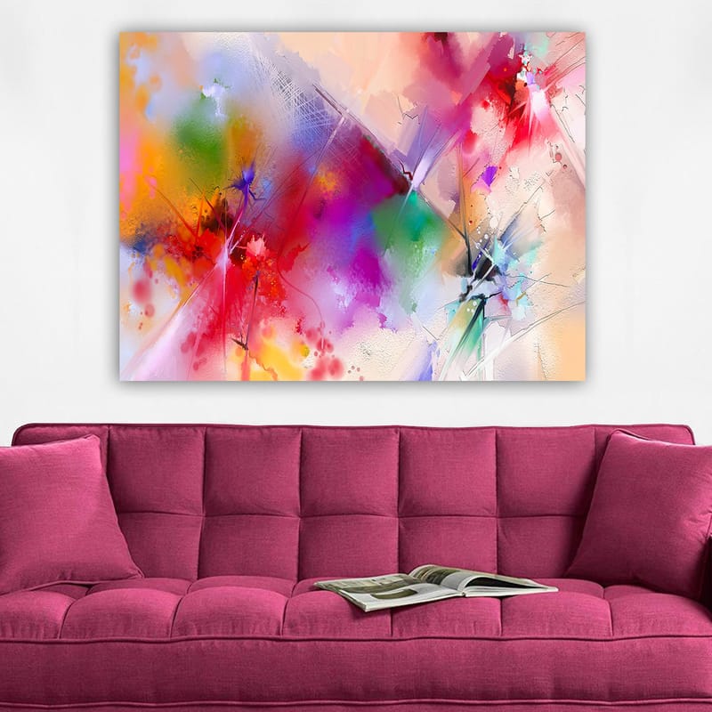 Canvas taulu 70x100 cm - Värikäs abstrakti sommitelma dynaamisilla muodoilla ja eloisilla väreillä - Punainen / Violetti / Vihreä - Sisustustuotteet - Taulu & taide - Canvas-taulu