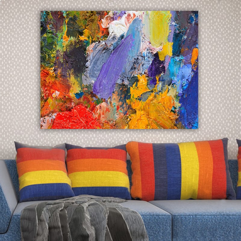 Canvas taulu 70x100 cm - Värikäs abstrakti sommitelma dynaamisilla siveltimenvedoilla ja eloisilla sävyillä - Violetti / Oranssi / Punainen - Sisustustuotteet - Taulu & taide - Canvas-taulu