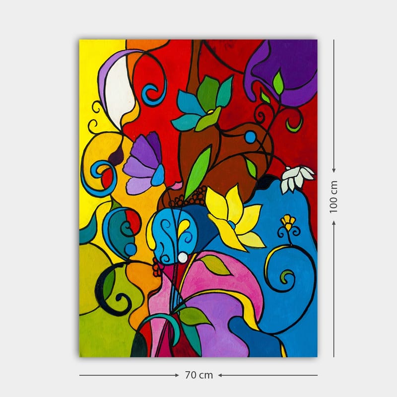 Canvas taulu 70x100 cm - Värikäs abstrakti sommitelma kukilla ja kääröillä, jotka luovat eloisan tunnelman - Punainen / Sininen / Keltainen - Sisustustuotteet - Taulu & taide - Canvas-taulu