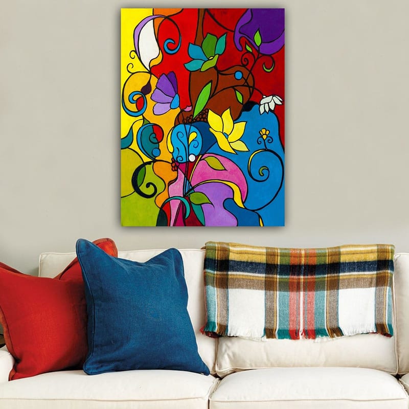 Canvas taulu 70x100 cm - Värikäs abstrakti sommitelma kukilla ja kääröillä, jotka luovat eloisan tunnelman - Punainen / Sininen / Keltainen - Sisustustuotteet - Taulu & taide - Canvas-taulu