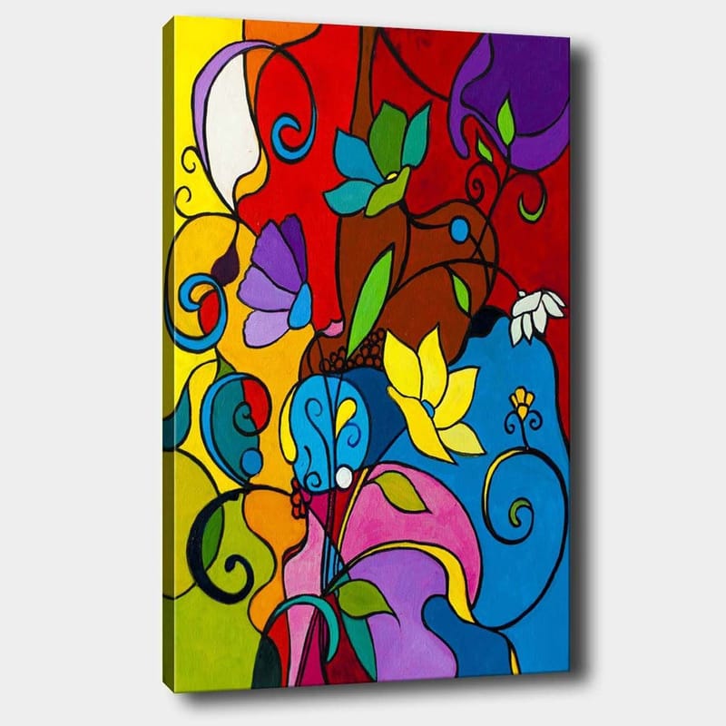 Canvas taulu 70x100 cm - Värikäs abstrakti sommitelma kukilla ja kääröillä, jotka luovat eloisan tunnelman, Punainen / Sininen / Keltainen
