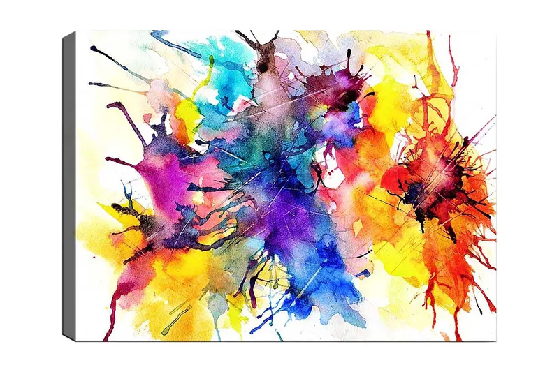 Canvas taulu 70x100 cm - Värikäs abstrakti taide roiskeilla vesiväreillä, jotka luovat dynaamisen ja eloisan sommitelman, Sininen / Punainen / Keltainen
