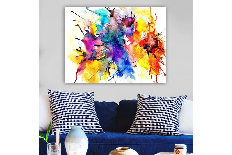 Canvas taulu 70x100 cm - Värikäs abstrakti taide roiskeilla vesiväreillä, jotka luovat dynaamisen ja eloisan sommitelman - Sininen / Punainen / Keltainen - Sisustustuotteet - Taulu & taide - Canvas-taulu