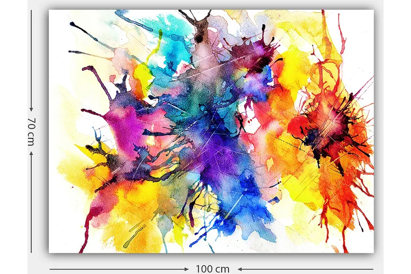 Canvas taulu 70x100 cm - Värikäs abstrakti taide roiskeilla vesiväreillä, jotka luovat dynaamisen ja eloisan sommitelman - Sininen / Punainen / Keltainen - Sisustustuotteet - Taulu & taide - Canvas-taulu