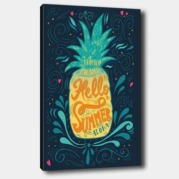 Canvas taulu 70x100 cm - Värikäs ananas ja trooppinen teksti Hello Summer - Vihreä / Keltainen / Sininen - Sisustustuotteet - Taulu & taide - Canvas-taulu