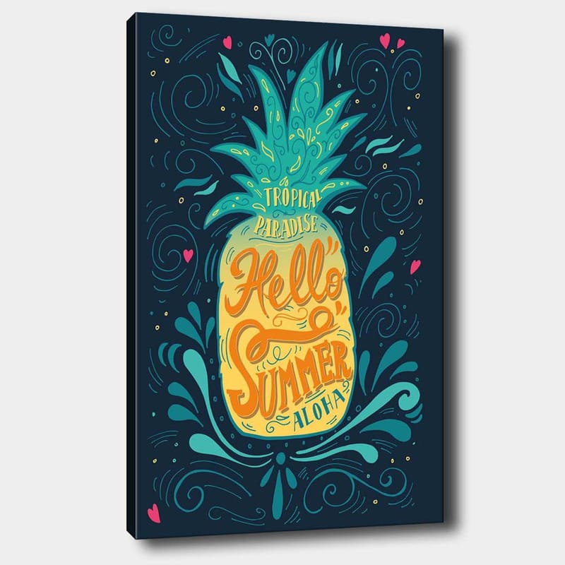 Canvas taulu 70x100 cm - Värikäs ananas ja trooppinen teksti Hello Summer, Vihreä / Keltainen / Sininen